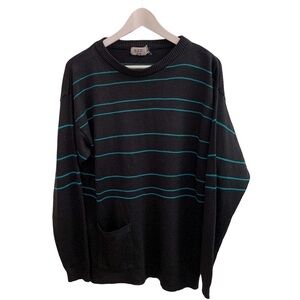 Vintage Men’s Striped Pullover Jumper Sweater Size Medium Navy Blue and Green